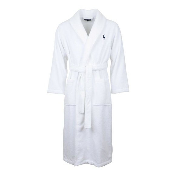NWT MEN'S POLO RALPH LAUREN BIG‎ PONY VELOUR PLUSH BATH ROBE WHITE GRAY - Picture 1 of 8